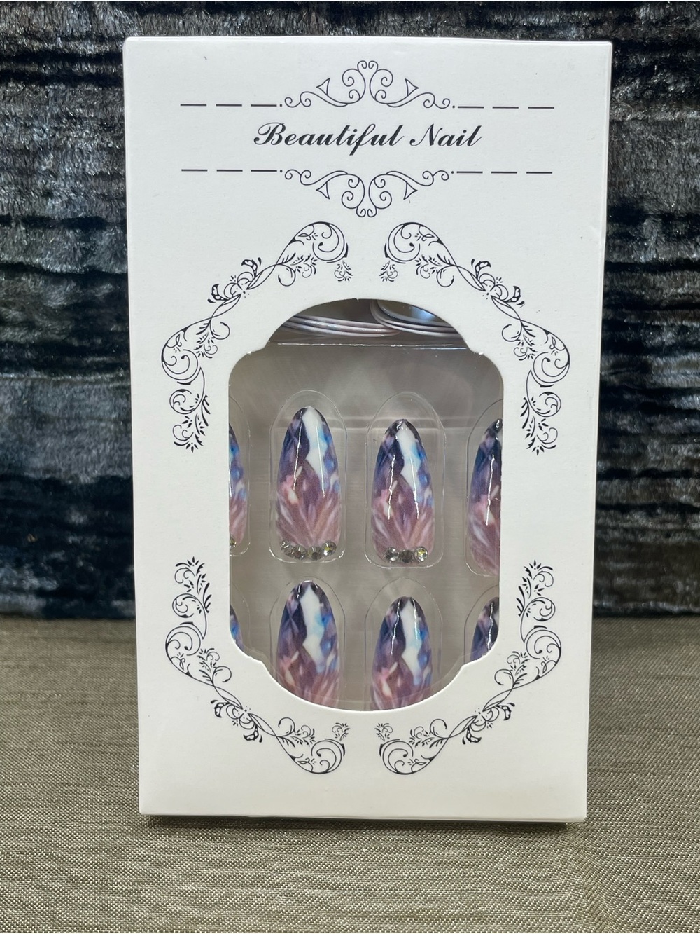 Beautiful Nail Purple Pink Marble with Rhinestones Press-On Nail Set